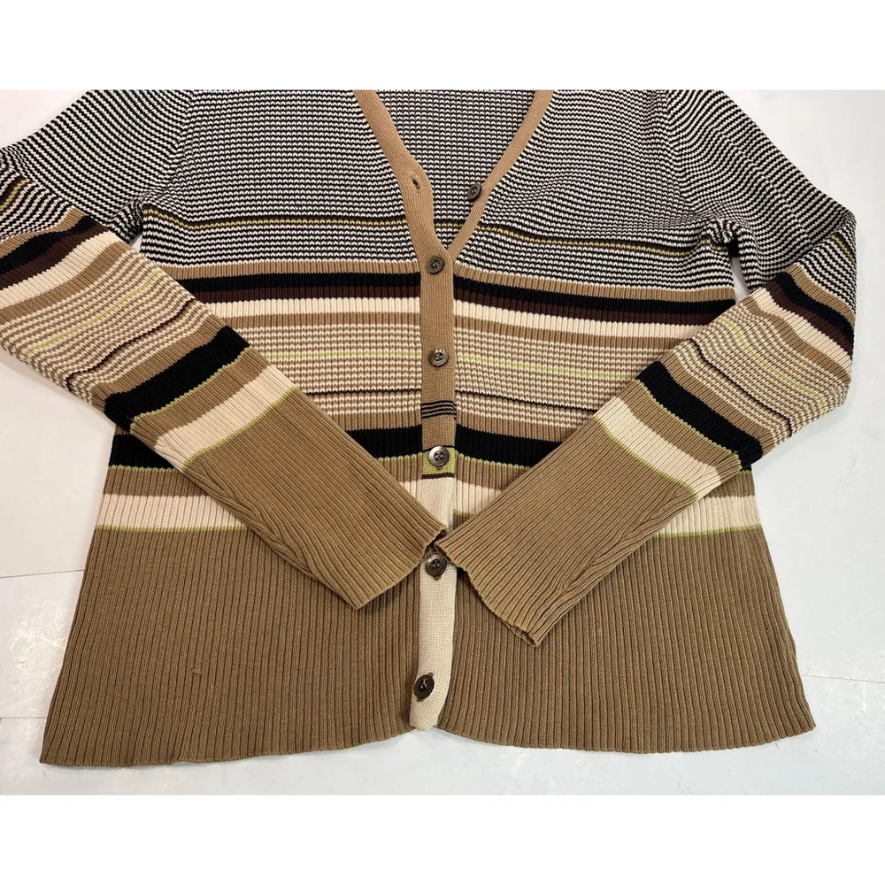 Y2k J. Crew Cardigan Sweater Medium Brown V‎ Neck Button Striped Office Siren